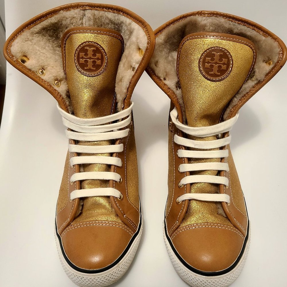 Tory Burch Benjamin Fur Lined High Tops Brown Leather/Gold Glitter Sneakers Sz 8